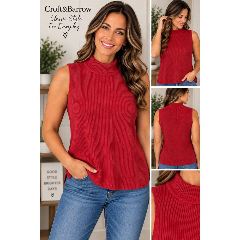 Croft & Barrow Womens XL Sleeveless Mock Neck Ribbed Knit Top Red